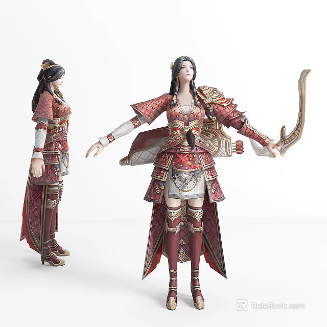 Elaborate Ancient Game Movie Character With Red Gold Armor Robe And Bow 3d model 