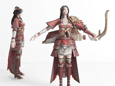 Elaborate Ancient Game Movie Character With Red Gold Armor Robe And Bow 3d model