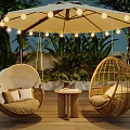 Rattan Swing Chairs For Outdoor Patio With Hanging Umbrella String Lights Small Table And Plants