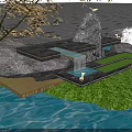 Tranquil Natural Landscape With Rock Water Grass Autumn Tree And Wooden Platform