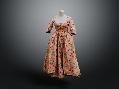 Vintage Floral Pattern Dress With Fitted Waist Three Quarter Sleeves And A Line Skirt 3d model