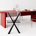 Red Modern Desk With Transparent Chairs Glass Globe Decoration Red Bowl And Books
