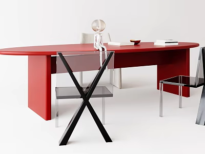 Red Modern Desk With Transparent Chairs Glass Globe Decoration Red Bowl And Books 3d model