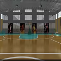Indoor Basketball Court With Green Purple Walls Multiple Hoops Wooden Benches And Banners