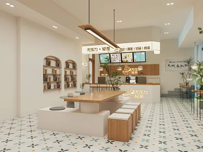 Bright Bubble Tea Shop Interior With Wooden Counter Seating Area And Green Plants 3d model