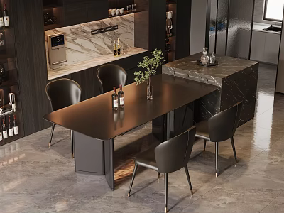 Modern Black Dining Table With Four Chairs Green Plant Wine Bottles And Marble Countertop 3d model