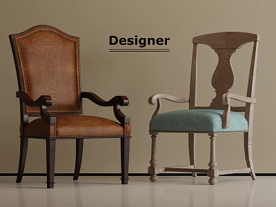 Designer Dining Chairs With Brown Leather And Blue Cushioned Wooden Styles 3d model