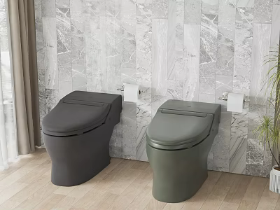 Modern Dark Gray and Green Toilets in Bathroom with Marble Wall and Wooden Floor 3d model