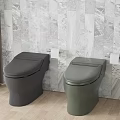 Modern Dark Gray and Green Toilets in Bathroom with Marble Wall and Wooden Floor