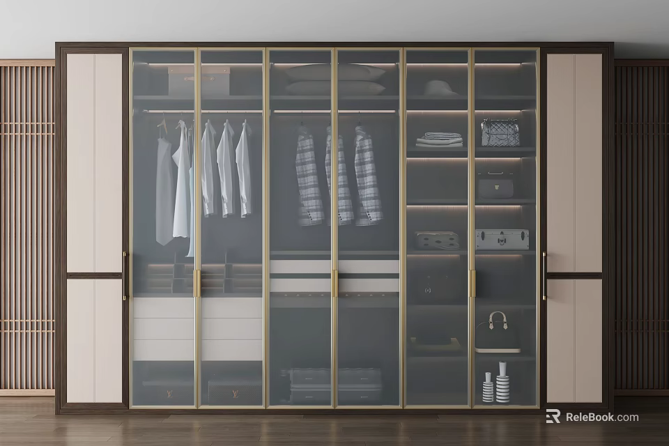Sleek Modern Wardrobe Interior With Glass Doors Hanging Folded Clothes Drawers And Storage 3d model 