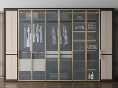 Sleek Modern Wardrobe Interior With Glass Doors Hanging Folded Clothes Drawers And Storage 3d model