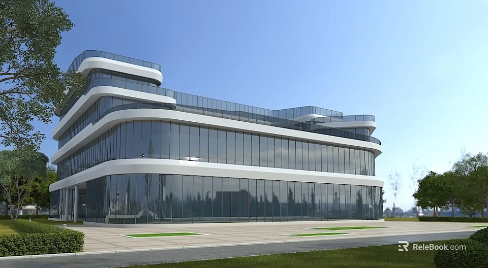 Modern Multi Storey Office Building With Glass Curtain Wall And Curved Design Exterior 3d model 
