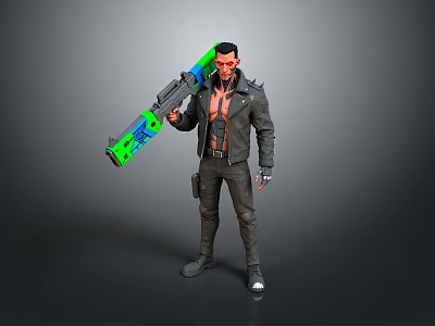 Male Character Bare Chest Black Leather Jacket Holding Large Weapon With Green Blue Accents 3d model