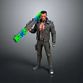Male Character Bare Chest Black Leather Jacket Holding Large Weapon With Green Blue Accents
