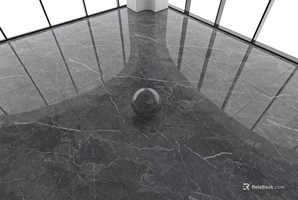 Dark Gray Marble Floor Tiles In Interior With Glass Windows 3d model 