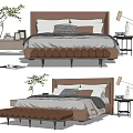 Modern Elegant Double Bed With Beige Upholstered Headboard Plush Pillows Nightstand Lamp And Plant