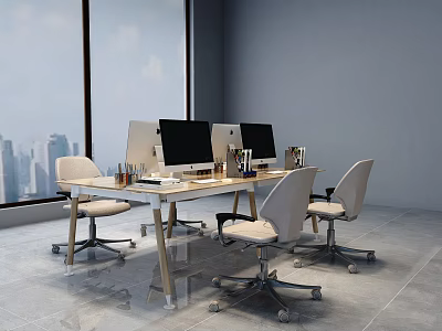 Modern Light Colored Office Desk With Computer Monitors Chairs And City View By Window 3d model