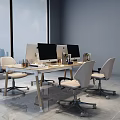 Modern Light Colored Office Desk With Computer Monitors Chairs And City View By Window