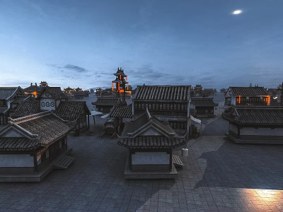 Traditional Chinese Architecture Courtyard Scene With Ancient Tiled Roofs Tower Evening Moon And Warm Lighting 3d model