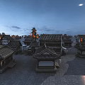 Traditional Chinese Architecture Courtyard Scene With Ancient Tiled Roofs Tower Evening Moon And Warm Lighting