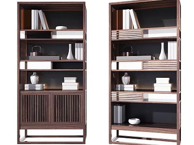 Modern Wooden Bookcase With Lattice Doors Multiple Shelves Books And Decorative Items 3d model