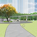 Modern Garden Landscape Design With Green Lawn Curved Paths Trees And Buildings