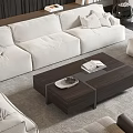 Modern Cream Fabric Sofa and Dark Coffee Table Set with Leather Armchairs in Living Room
