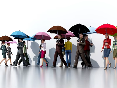 Group of People Walking Together With Colorful Umbrellas in Outdoor Space 3d model