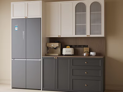 Elegant Gray Sideboard with White Glass Door Cabinets Drawers Gold Handles and Coffee Machine 3d model