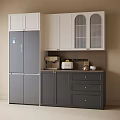 Elegant Gray Sideboard with White Glass Door Cabinets Drawers Gold Handles and Coffee Machine