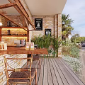 Cozy Wooden Dessert Shop With Arched Lighting And Brick Wall
