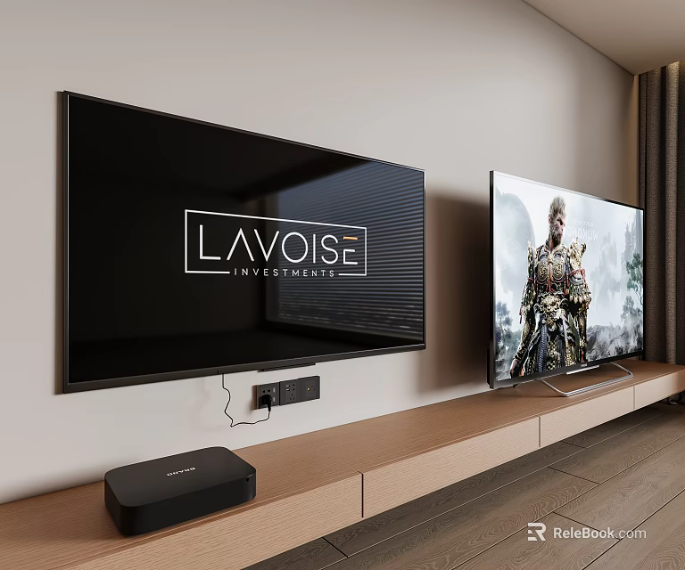 Two LAVOISE Televisions On Wooden TV Stand With One Playing Content 3d model 