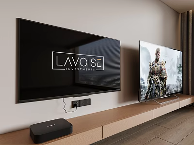 Two LAVOISE Televisions On Wooden TV Stand With One Playing Content 3d model
