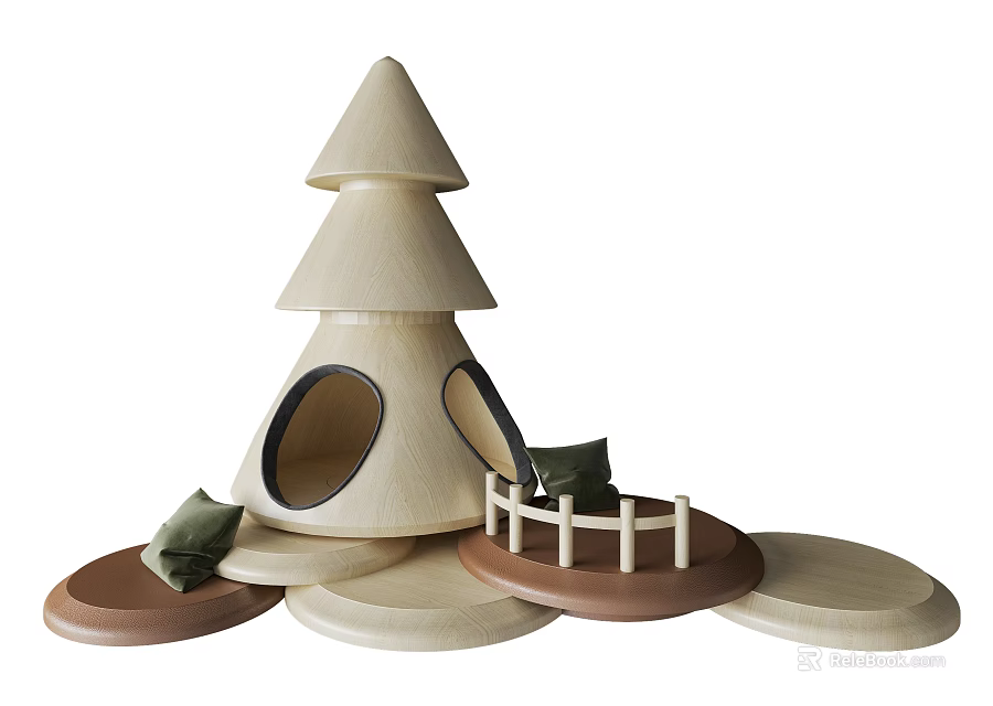 Cartoon Wooden Treehouse Scene With Conical Structure Circular Platforms Railings And Green Cushions 3d model 