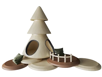 Cartoon Wooden Treehouse Scene With Conical Structure Circular Platforms Railings And Green Cushions 3d model