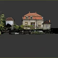 Traditional Detached Villa Exterior With Red Roof Green Trees And Garden Area