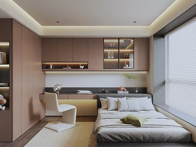 Minimalist Tatami Bedroom Interior With Light Colored Bedding Built in Cabinets Desk and Window Blinds 3d model