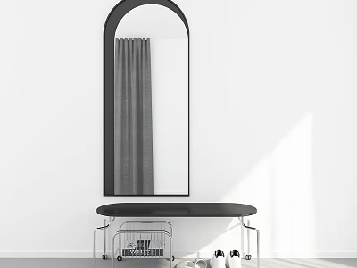 Modern Black Sofa Stool With Arched Mirror And Storage Rack In Minimalist Room 3d model