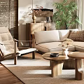 Modern Living Room Interior With Beige Sofa Rattan Chair And Wooden Coffee Tables