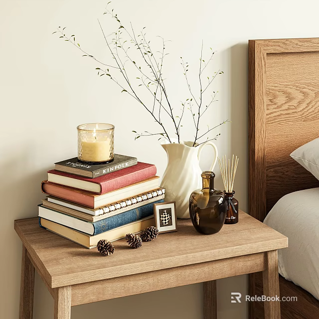 Wooden Nightstand With Book Stack Candle White Vase Twigs Photo Frame And Pine Cones 3d model 