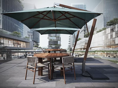 Round Wooden Outdoor Table With Chairs And Green Umbrella In Urban Patio 3d model