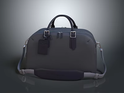 Gray Duffle Bag With Black Handles Metal Buckles Tag And Shoulder Strap 3d model
