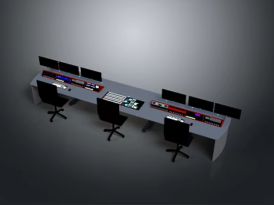 Professional Control Console Workstation with Multiple Monitors Three Chairs and Control Equipment 3d model