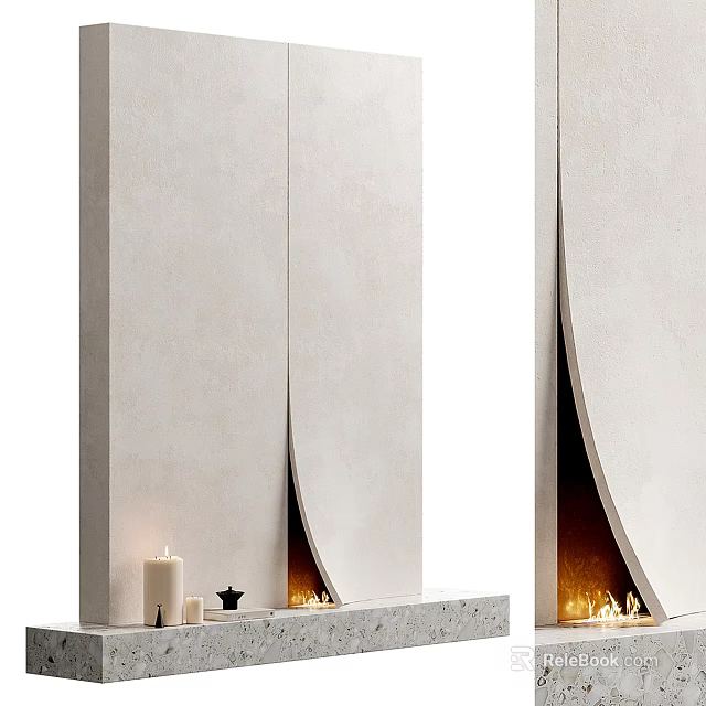 Modern Minimalist Fireplace Design With Light Stone Finish Burning Flames And Candles 3d model 