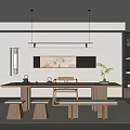 Modern Tea Room With Long Wooden Table Benches Wooden Bookshelves Wall Art And Tea Sets