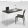 Modern Minimalist Desk with Transparent Glass Legs Laptop Table Lamp and Dark Brown Chair
