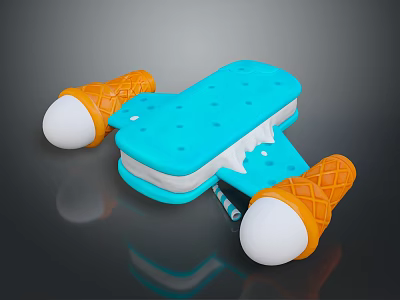Blue sandwich shaped toy with two orange ice cream cones white tops and striped straw 3d model