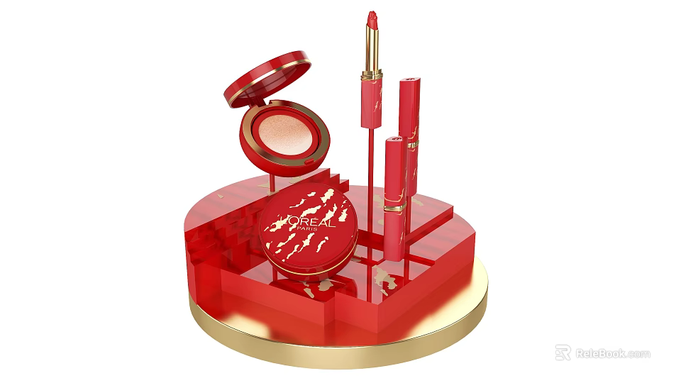 Red Transparent Art Installation With Lipsticks Powder Case And Golden Base 3d model 