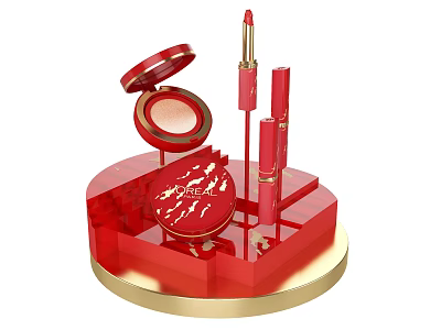 Red Transparent Art Installation With Lipsticks Powder Case And Golden Base 3d model