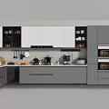 Modern Kitchen With Gray White Cabinets And Various Kitchenware On Countertop
